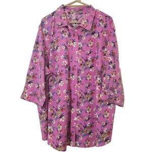 Woman Within Floral Shirt 3/4 quarter Sleeve Womens 2X Purple Button Down